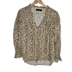 O.P.T Long Sleeve Flax Blouse Womens Small Beige Floral Boho Peasant Cottogecore